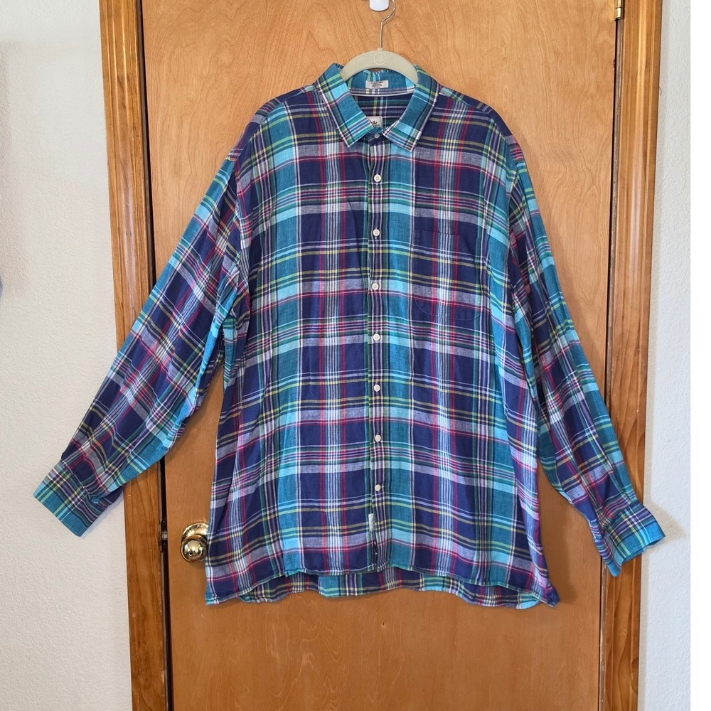 Peter Millar Mens XL 100% Linen Plaid Button Down Shirt Blue Teal Multi Color